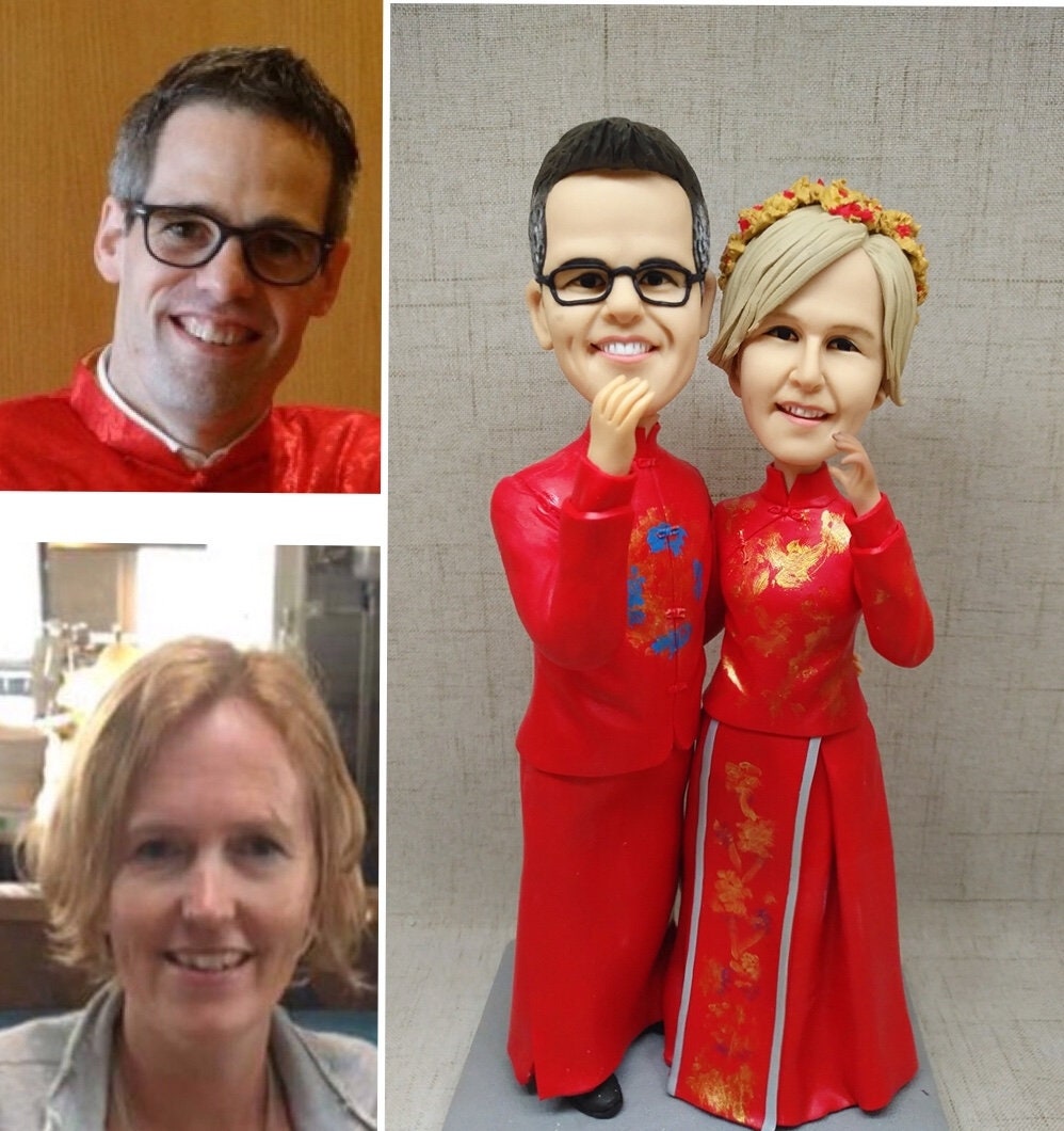 Wedding Cake topper couple bobblehead custom clay doll valentines gift made from photo bobble head bride and groom